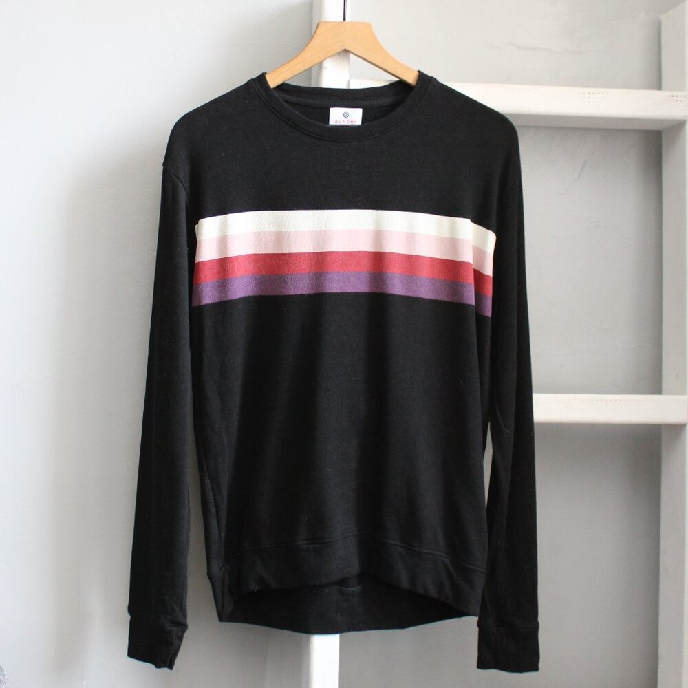 Sundry Women's Black Multicolor Stripe Pullover Crew Sweatshirt Size 2 / Medium